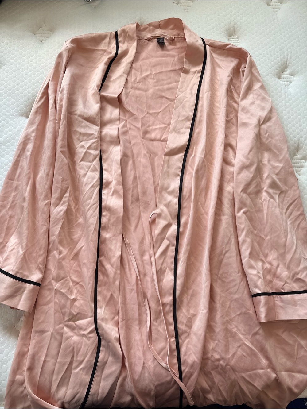 Frederick's of Hollywood Blush Pink Satin Robe with Black Trim